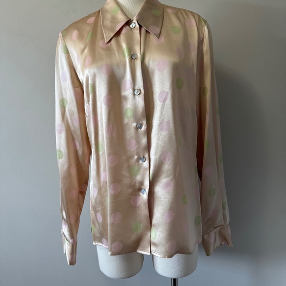 Como Vintage Silk Polka Dot Button-Down Shirt - Cream and Pink Sz 16 - Picture 2 of 11